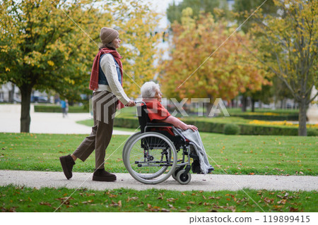 Granddaughter on an autumn walk in the park with her grandmother, pushing her in wheelchair. Side view. Granddaughter on an autumn walk in the park with her grandmother, pushing her in wheelchair. Side view. 119899415