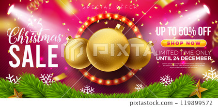 Christmas Sale Design with Ornamental Ball and Light Bulb Billboard on Red Background. Holiday Vector Business Illustration with Special Offer Typography Elements for Coupon, Voucher, Banner, Flyer 119899572