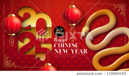 Happy Chinese New Year 2025 Banner with Snake Zodiac Sign and Paper Lantern on Red Scaly Pattern Background. Lunar New Year Traditional Design with Gold Chinese Language Snake Symbol for Flyer Happy Chinese New Year 2025 Banner with Snake Zodiac Sign and Paper Lantern on Red Scaly Pattern Background. Lunar New Year Traditional Design with Gold Chinese Language Snake Symbol for Flyer 119899589
