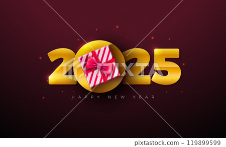 Happy New Year 2025 Illustration with Golden Number and Gift Box on Dark Background. Holiday Design for Flyer, Greeting Card, Banner, Celebration Poster, Party invitation, Calendar and Social Media 119899599