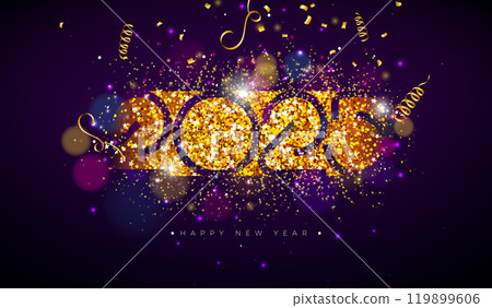 Happy New Year 2025 Illustration with Gold Glittered Number and Falling Confetti on Dark Background. Christmas Holiday Design with Typography Lettering for Flyer, Greeting Card, Banner, Celebration 119899606