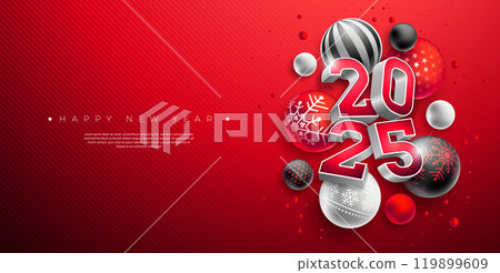 Happy New Year 2025 Banner Illustration with 3d Number and Christmas Ball on Red Background. Holiday Design with Typography Lettering for Flyer, Greeting Card, Celebration Poster, Party invitation or 119899609