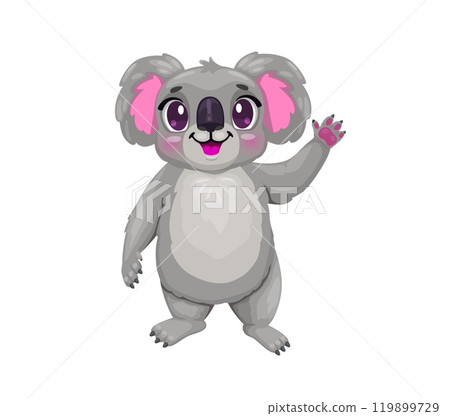 Cartoon happy smiling koala bear character. Australia jungle bear childish cartoon vector character, koala cute isolated mascot or zoo animal funny personage happy smiling and waving hand Cartoon happy smiling koala bear character. Australia jungle bear childish cartoon vector character, koala cute isolated mascot or zoo animal funny personage happy smiling and waving hand 119899729
