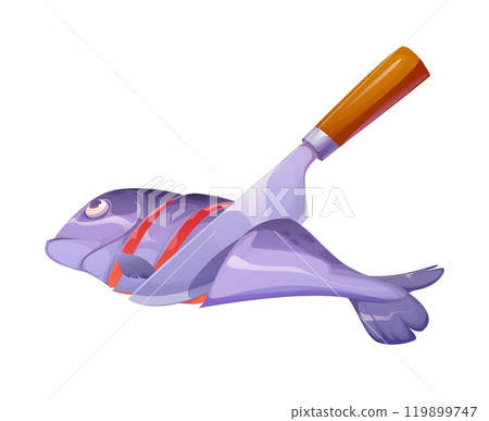 Fish preparation or cut slicing by knife, food cooking process, vector icon. Raw fish processing, cutting into steaks of filet with chef knife, seafood and fish food preparation with kitchenware 119899747