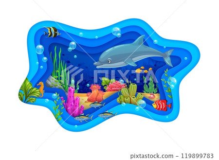 Paper cut underwater landscape with dolphin and fishes. Vector wavy 3d layered papercut frame with sea animals, seaweeds and coral reef, capturing beauty and tranquility of marine underwater life 119899783