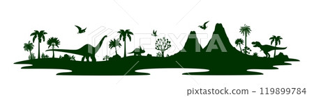 Prehistoric era dinosaurs silhouettes. Vector dark green shadow scene with Jurassic environment teeming with lush vegetation, majestic ancient reptiles, flying pterosaurs, trees and volcanic landscape 119899784