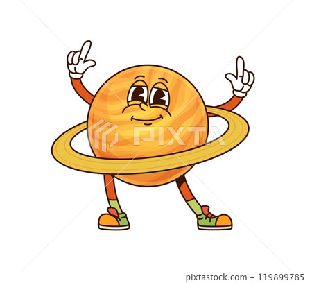 Saturn Solar system groovy planet character proudly displays its large rings while smiling and posing. Isolated cartoon vector space object with retro 60s and 70s vibes and trendy vintage sneakers 119899785