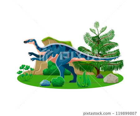 Aralosaurus prehistoric dinosaur character. Isolated cartoon vector herbivore dino reptile animal, genus of hadrosaurid dinosaur in natural environment with plants and rock. Late cretaceous era lizard 119899807