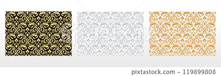 Wallpapers in the style of Baroque. Seamless vector backgrounds. Set of colored floral ornaments. Graphic patterns for fabric, wallpaper, packaging. Ornate Damask flower ornaments Wallpapers in the style of Baroque. Seamless vector backgrounds. Set of colored floral ornaments. Graphic patterns for fabric, wallpaper, packaging. Ornate Damask flower ornaments 119899808