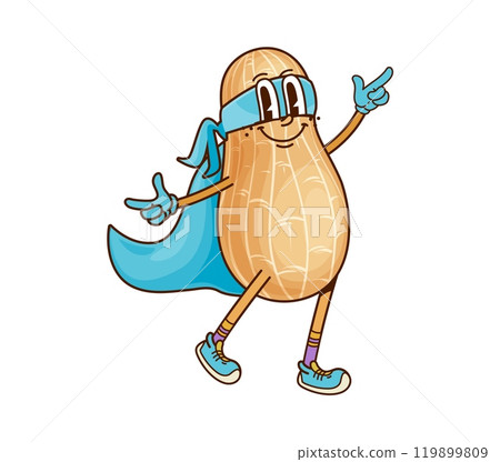 Groovy superhero peanut bean character with a funky vibe, wearing a blue cape, mask and confident smile. Cartoon vector nut in retro outfit, radiating coolness and charm as it strikes a heroic pose 119899809