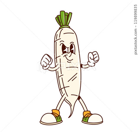 Groovy daikon radish vegetable character in retro cartoon with funny face, comic vector. Groovy daikon radish in hipster shoes with boxing fists and smirk smile for vegetable retro cartoon character 119899835