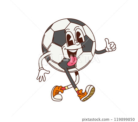 Groovy football or soccer sport ball character in retro cartoon with funky face, vector comic emoji. Groovy soccer or football ball with smile emotion and tongue out for retro cartoon sport character 119899850