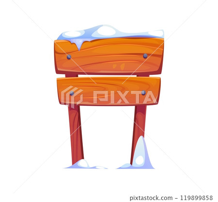 Winter Christmas wooden sign board with snow for holiday, vector cartoon signboard. Wood signpost or post board banner with snow and icicles for Christmas winter holiday or New Year greetings Winter Christmas wooden sign board with snow for holiday, vector cartoon signboard. Wood signpost or post board banner with snow and icicles for Christmas winter holiday or New Year greetings 119899858
