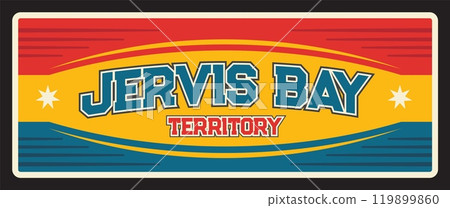 Jervis Bay Territory, Australian state travel plate. Vector flag, coat of arms sun symbol, tin sign. Oceanic bay and village in Jervis Bay Territory, ACT South Coast of New South Wales, Australia Jervis Bay Territory, Australian state travel plate. Vector flag, coat of arms sun symbol, tin sign. Oceanic bay and village in Jervis Bay Territory, ACT South Coast of New South Wales, Australia 119899860