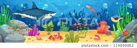 Cartoon underwater landscape, game background with shark, squid, puffer fish and eel sea animals and fish shoal amidst coral and seaweed. Vector ocean floor with diverse marine life, bubbles and rocks 119899862