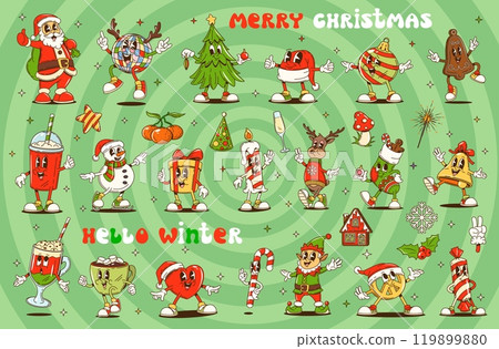 Groovy Christmas characters in retro cartoon for winter holiday, vector emoji. Groovy Santa with funny Christmas tree and funky snowman with happy smile, New Year decorations and funky elf with deer 119899880