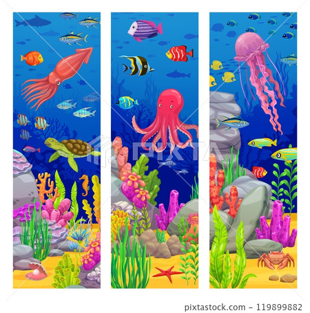 Underwater landscape game banners with sea animals like fish, octopus and jellyfish. Vector vertical cards or bookmarks feature coral reefs and variety of marine life swimming in a serene ocean world 119899882