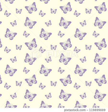 Purple butterfly pattern. Ethereal lepidoptera. Repeating motif background for travel themed projects or nature inspired aesthetics. Vector illustration Purple butterfly pattern. Ethereal lepidoptera. Repeating motif background for travel themed projects or nature inspired aesthetics. Vector illustration 119899889