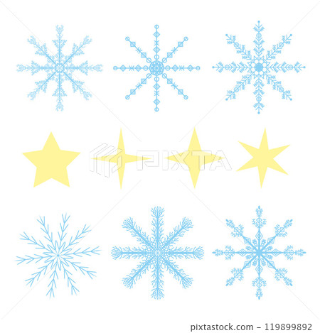 Blue snowflakes and gold stars set for winter themed projects, banners, backgrounds, invitations, winter weddings, festive gatherings, prints, calendars, planners. Vector illustration 119899892