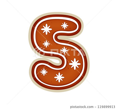 Christmas gingerbread cookie font type, number 5 of Xmas biscuit, vector typeface. Christmas font number Five 5 as gingerbread cookie with snowflakes icing for winter holiday bakery or greeting type 119899913