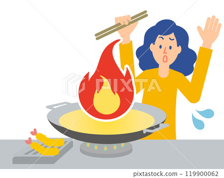 家庭災難 - 含有煎炸油的油炸鍋(炒鍋)發生火災的圖像插圖。 家庭災難 - 含有煎炸油的油炸鍋(炒鍋)發生火災的圖像插圖。 119900062