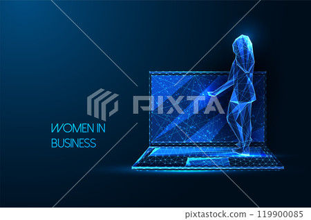 Business empowerment concept featuring woman silhouette standing on laptop on dark blue background.  119900085