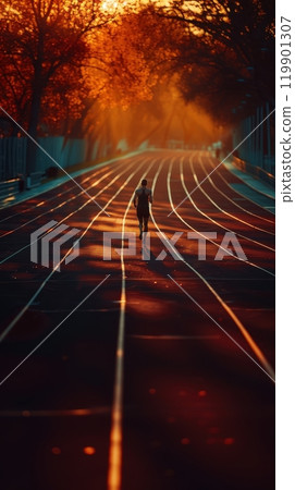 Long-distance runner on track in sports gear training at evening. Runner quest for victory. 119901307