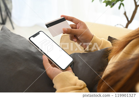 Close up of a woman using her smartphone and credit card for online purchases 119901327