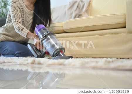 Close up of woman cleaning carpet with a cordless vacuum in her home 119901329