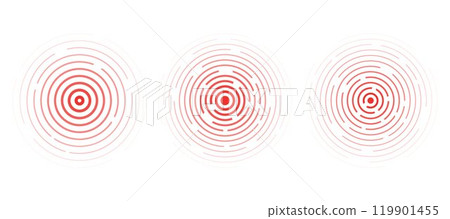 Concentric ripple circles set. Seismic Earthquake alert radar. Radial signal, sonar wave, soundwave rings. touch effect or pulse 119901455