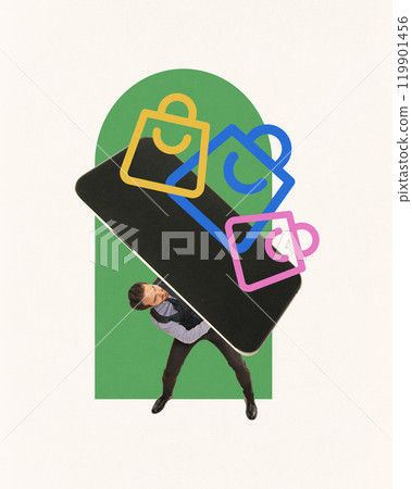 Businessman holding large smartphone surrounded by colorful shopping bag icons. E-commerce and digital marketplace experience. Contemporary art collage. 119901456