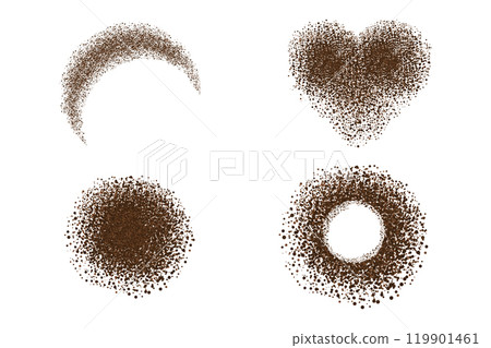 Set Coffee ground speckles powder, cocoa top view. Grainy bean with particles textured stain. Brown chocolate dust. grains and granules shape Set Coffee ground speckles powder, cocoa top view. Grainy bean with particles textured stain. Brown chocolate dust. grains and granules shape 119901461