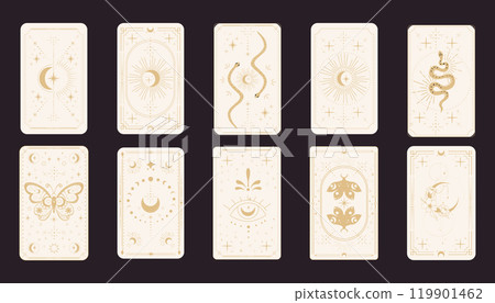 Tarot reverce border magic sacred frame gold line border celelstial mystery esoteric cover card decoration with snake stars and moon on dark background. Tarot reverce border magic sacred frame gold line border celelstial mystery esoteric cover card decoration with snake stars and moon on dark background. 119901462