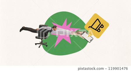 Contemporary art collage. Businessman on chair extending towards smartphone with shopping cart icon. Digital shopping and e-commerce. 119901476