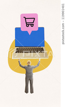 Contemporary art collage. Woman holding large laptop with shopping cart icon, symbolizing e-commerce and digital purchasing. Contemporary art collage. Woman holding large laptop with shopping cart icon, symbolizing e-commerce and digital purchasing. 119901481