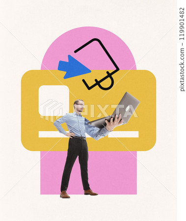 Contemporary art collage. Man with laptop, accompanied by shopping bag icon. Online shopping, digital commerce, and marketplace technology Contemporary art collage. Man with laptop, accompanied by shopping bag icon. Online shopping, digital commerce, and marketplace technology 119901482