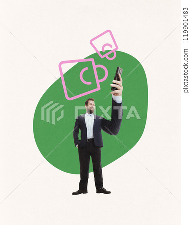 Businessman using mobile phone for online services, digital payment and virtual wallet. Contemporary art collage. Businessman using mobile phone for online services, digital payment and virtual wallet. Contemporary art collage. 119901483