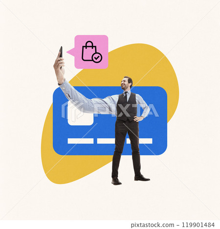 Contemporary art collage. Businessman holding smartphone with shopping bag icon. E-commerce and online purchasing via modern apps and websites Contemporary art collage. Businessman holding smartphone with shopping bag icon. E-commerce and online purchasing via modern apps and websites 119901484