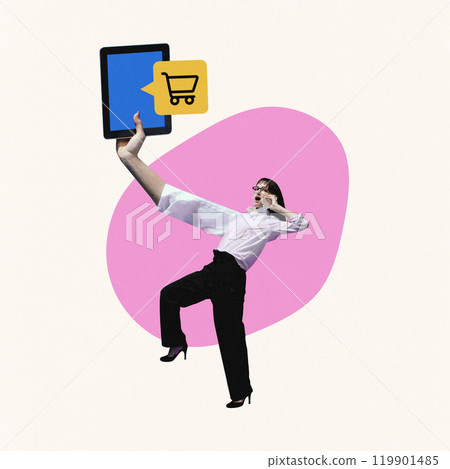 Woman holding tablet with shopping cart icon and making online order. Modern shopping and digital interactions in e-commerce. Contemporary art collage. Woman holding tablet with shopping cart icon and making online order. Modern shopping and digital interactions in e-commerce. Contemporary art collage. 119901485