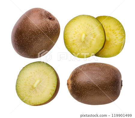 Set of golden kiwi, half and slices on white background. Top view Set of golden kiwi, half and slices on white background. Top view 119901499