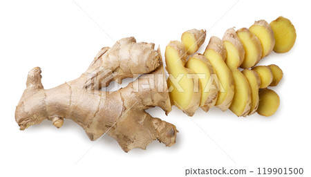 Ginger root sliced into pieces on white. Top view Ginger root sliced into pieces on white. Top view 119901500