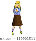 A schoolgirl girl in a brown skirt and a blue sweater holds a cat in her heels. Vector illustration 119901511