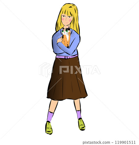 A schoolgirl girl in a brown skirt and a blue sweater holds a cat in her heels. Vector illustration 119901511