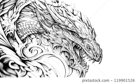 An intricately detailed dragon tattoo sketch, ideal for various creative projects like scrapbooking or coloring books. 119901526