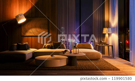 Warm light living room by night 119901580