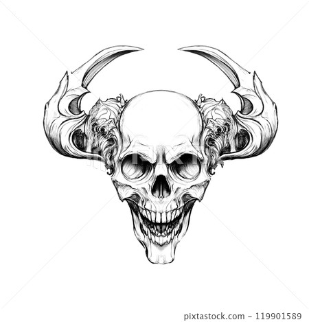 This intricate tattoo sketch showcases a striking skull adorned with bold horns, perfect for creative projects or personal inspiration. 119901589