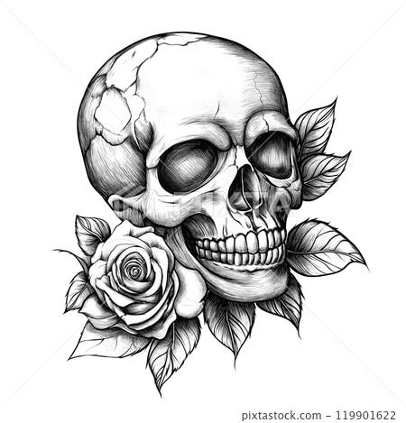 A striking tattoo sketch showcases a skull entwined with a rose and leaves, perfect for artistic projects or coloring books. 119901622