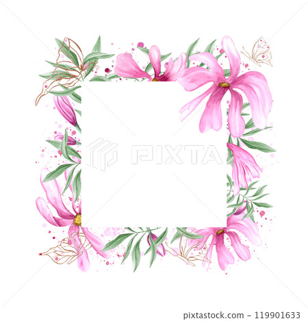 Abstract blooming pink flowers, green eucalyptus, fluttering golden contour butterflies on watercolor splashes horizontal frame. Magnolia flowers illustration with copy space for text. For invitation 119901633