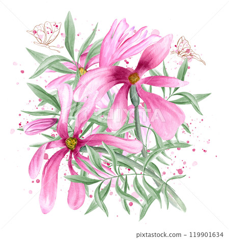 Abstract pink magnolia, green eucalyptus leaves and fluttering golden contour butterflies illustration on watercolor splashes. Delicate hand drawn wild flowers composition/ For wedding, valentine day. 119901634