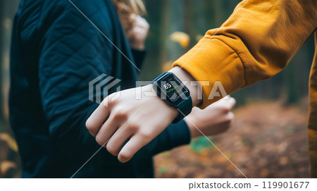 The hands of a young woman operating a smartwatch 119901677